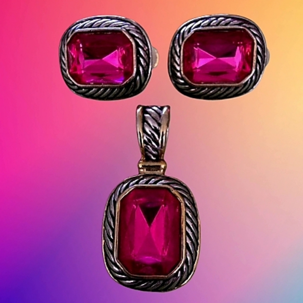 📣 Classic Y2K Fushia💖 Two Tone Gold Rope FASHION Set CLIP Earrings Pendant  😍